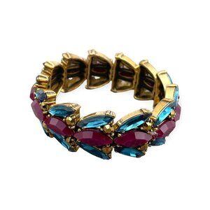 J. Crew Elastic Band Faceted Crystal Bracelet Blue Maroon Gold Tone